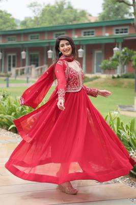 Red georgette sequins zari embroidered flaried gown with heavy dupatta 3