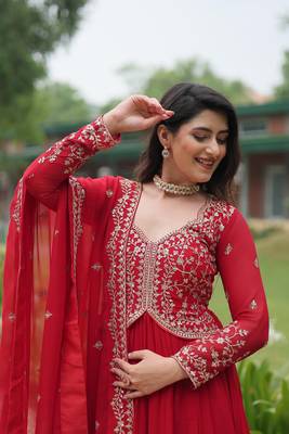 Red georgette sequins zari embroidered flaried gown with heavy dupatta 4