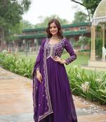 Purple georgette sequins zari embroidered flaried gown with heavy dupatta