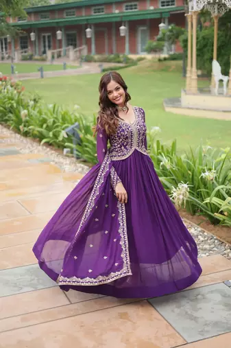 Purple georgette sequins zari embroidered flaried gown with heavy dupatta