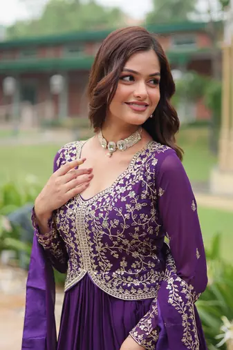 Purple georgette sequins zari embroidered flaried gown with heavy dupatta