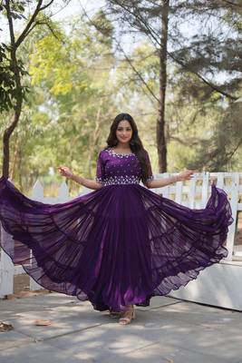 PURPLE GOWN WITH ATTRACTIVE EMBROIDERED BEADS WORK IN GEORGETTE 1
