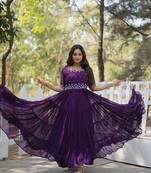 PURPLE GOWN WITH ATTRACTIVE EMBROIDERED BEADS WORK IN GEORGETTE
