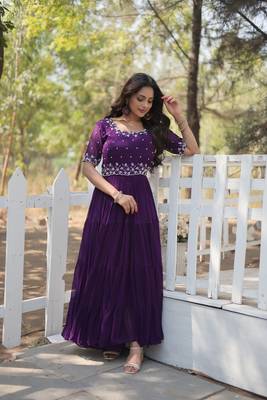 PURPLE GOWN WITH ATTRACTIVE EMBROIDERED BEADS WORK IN GEORGETTE 3