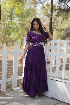 PURPLE GOWN WITH ATTRACTIVE EMBROIDERED BEADS WORK IN GEORGETTE 4