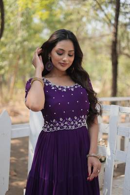 PURPLE GOWN WITH ATTRACTIVE EMBROIDERED BEADS WORK IN GEORGETTE 5