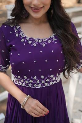 PURPLE GOWN WITH ATTRACTIVE EMBROIDERED BEADS WORK IN GEORGETTE 6