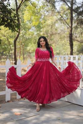 PINK GOWN WITH ATTRACTIVE EMBROIDERED BEADS WORK IN GEORGETTE 1