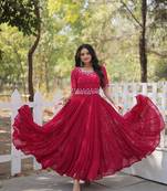 PINK GOWN WITH ATTRACTIVE EMBROIDERED BEADS WORK IN GEORGETTE
