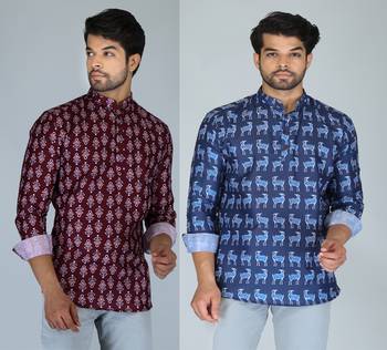 Men blue and maroon printed cotton blend kurtas 1