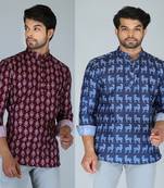 Men blue and maroon printed cotton blend kurtas