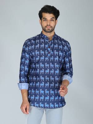 Men blue and maroon printed cotton blend kurtas 2