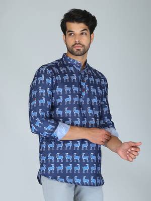 Men blue and maroon printed cotton blend kurtas 3