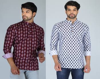 Men blue and maroon printed cotton blend kurtas 1