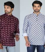 Men blue and maroon printed cotton blend kurtas