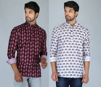 Men white and maroon printed cotton blend kurtas 1