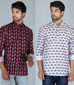 Men white and maroon printed cotton blend kurtas