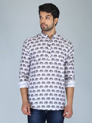 Men white and maroon printed cotton blend kurtas 2