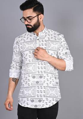 Men white printed cotton blend kurtas 1