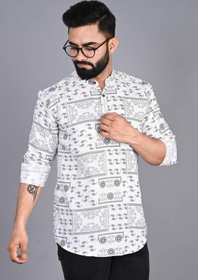 Men white printed cotton blend kurtas 2