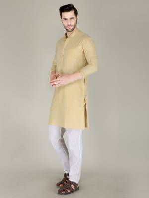 Men gold solid cotton blend kurtas 3