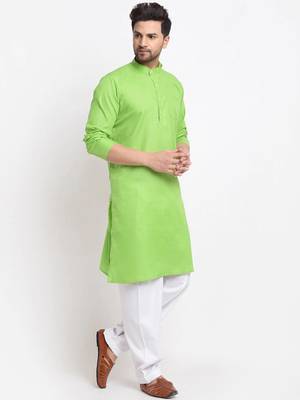 Men green solid cotton blend kurtas 3