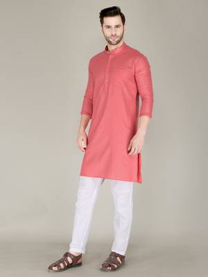 Men peach solid cotton blend kurtas 1