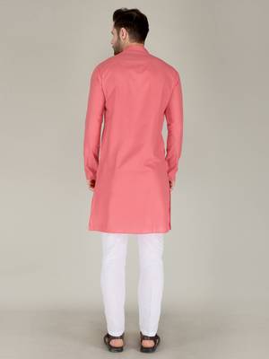Men peach solid cotton blend kurtas 2