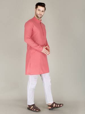 Men peach solid cotton blend kurtas 3