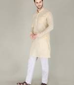 Men beige solid cotton blend kurtas