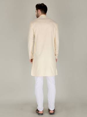 Men beige solid cotton blend kurtas 2