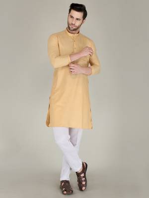 Men orange solid cotton blend kurtas 1