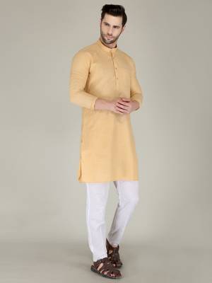 Men orange solid cotton blend kurtas 3