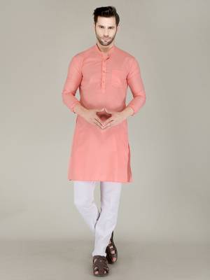 Men peach solid cotton blend kurtas 1
