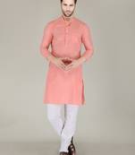 Men peach solid cotton blend kurtas