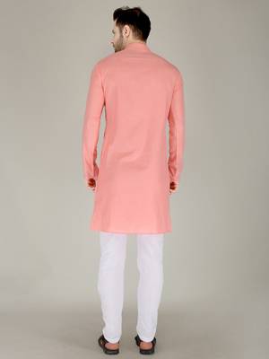 Men peach solid cotton blend kurtas 2