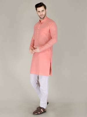 Men peach solid cotton blend kurtas 3