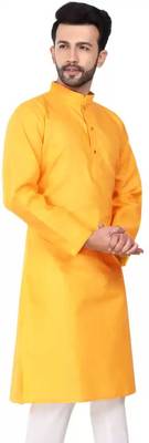 Men yellow solid cotton blend kurtas 1