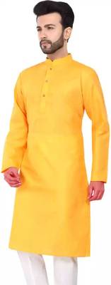 Men yellow solid cotton blend kurtas 3