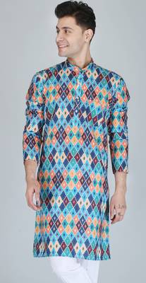 Men blue printed cotton blend kurtas 1