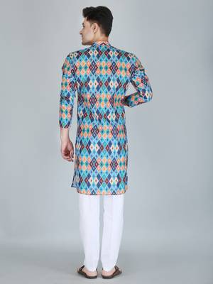 Men blue printed cotton blend kurtas 2