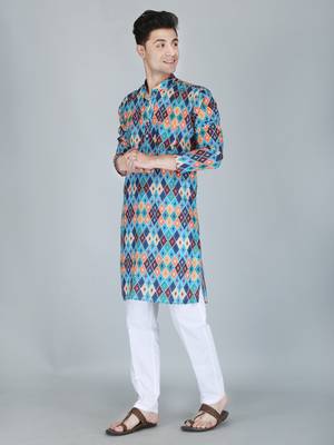 Men blue printed cotton blend kurtas 3