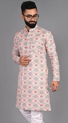 Men pink printed cotton blend kurtas 1