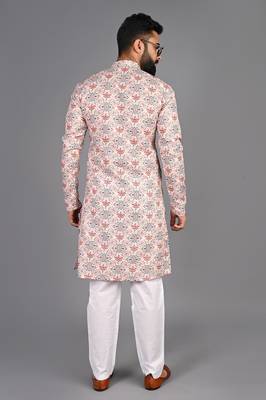Men pink printed cotton blend kurtas 2