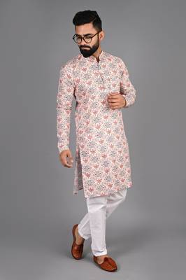 Men pink printed cotton blend kurtas 3
