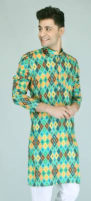 Men green printed cotton blend kurtas 3