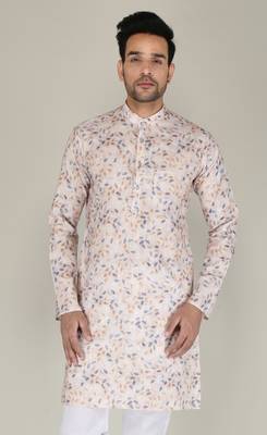 Men beige printed cotton blend kurtas 1