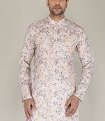 Men beige printed cotton blend kurtas