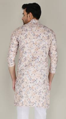 Men beige printed cotton blend kurtas 2