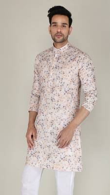 Men beige printed cotton blend kurtas 3